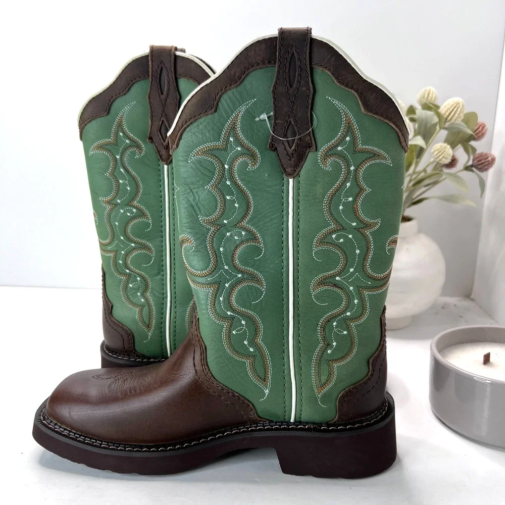 Justin Raya Western Distressed Square Toe Cowgirl Boot Brown Green Women 7B NWD